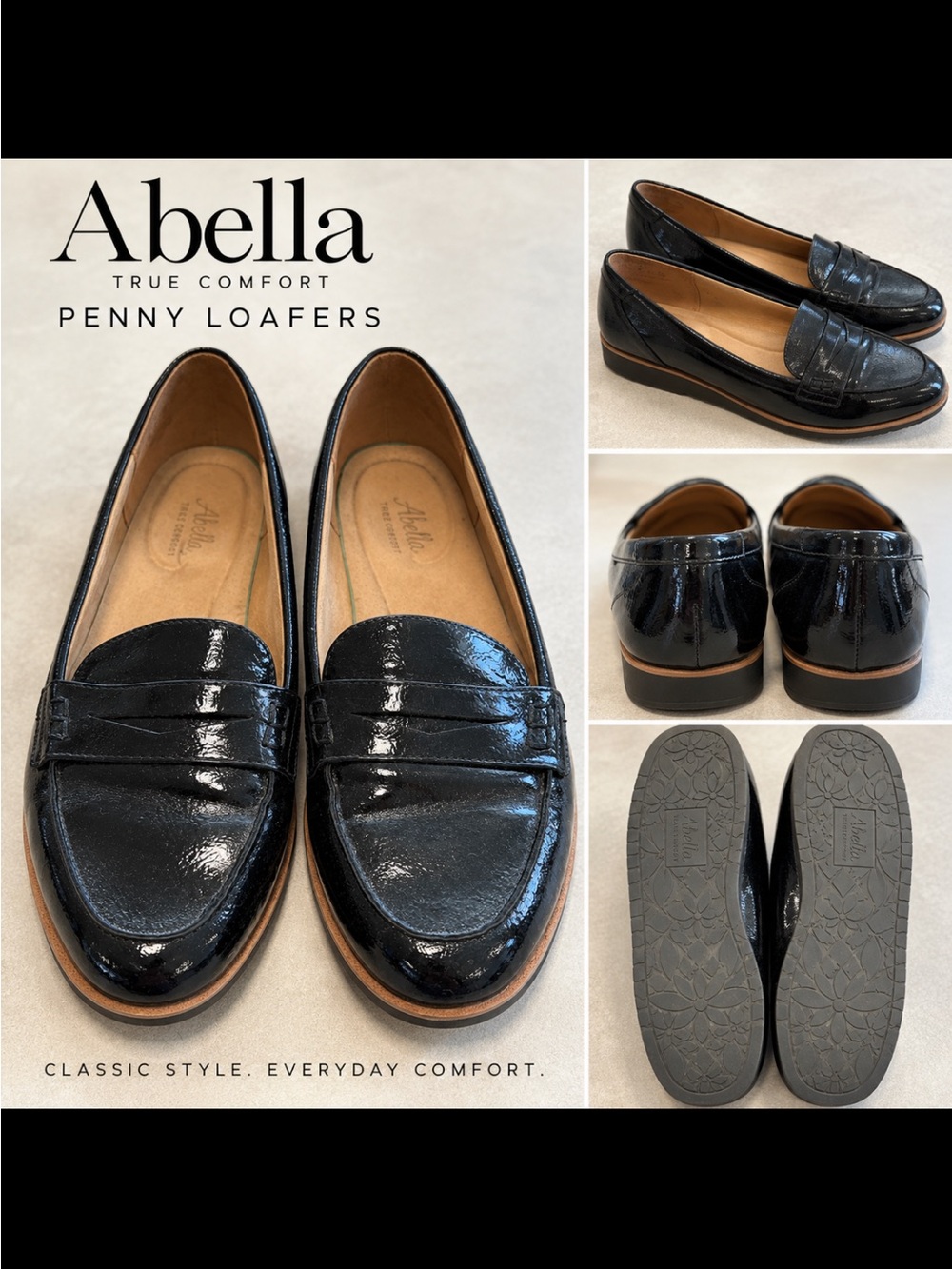 Abella Black Patent Penny Loafers with Tan Trim